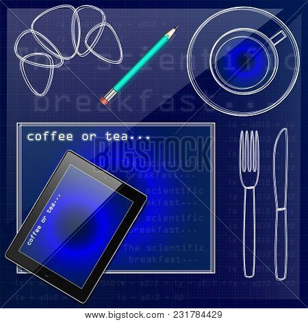 Set Of Realistic Tablet And Pencil, Virtual Coffee Cup, Bagel, Fork, Knife, And Napkin. Top View Iso
