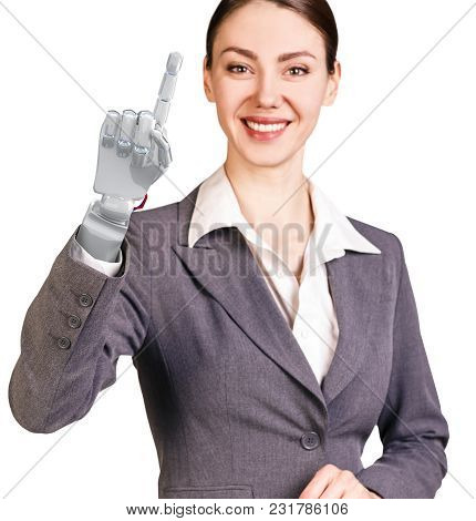 Smiling Business Woman With Robot Hand. Hand Prosthesis Concept. 3d Rendering