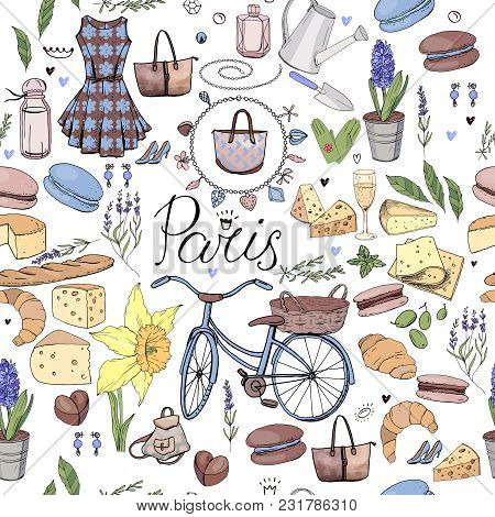 Seamless Pattern Made Of Different Symbols Related To France, Travelling And Paris. Blue And Yelllow