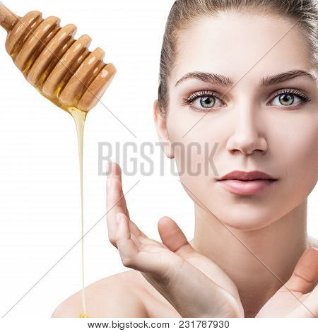 Young Woman Prepare For Honey Facial Mask. Isolated On White.