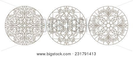 Set Contour Illustrations Of Stained Glass, Round Stained Glass Floral, Dark Outline On A White Back