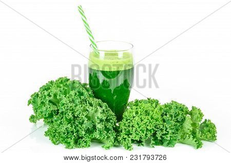 Healthy Smoothie With Green Kale In Glass Isolated On White Background