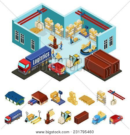 Isometric Warehouse Concept With Loading Process In Industrial Area Of Storage And Logistic Icons Is