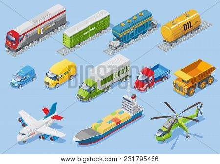 Isometric Logistic Transportation Set With Car Van Trucks Airplane Ship Helicopter Freight Train Wag