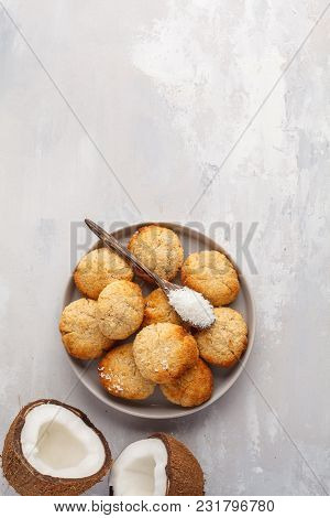 Healthy Vegan Homemade Coconut Cookies, Light Background. Healthy Vegan Food Concept.