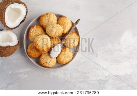 Healthy Vegan Homemade Coconut Cookies, Light Background. Healthy Vegan Food Concept.