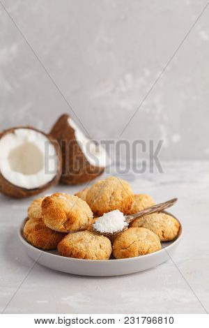 Healthy Vegan Homemade Coconut Cookies, Light Background. Healthy Vegan Food Concept.