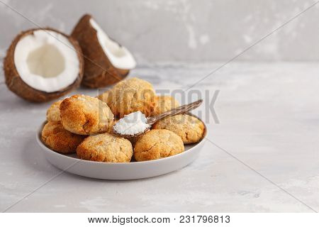 Healthy Vegan Homemade Coconut Cookies, Light Background. Healthy Vegan Food Concept.