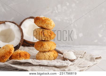Healthy Vegan Homemade Coconut Cookies, Light Background. Healthy Vegan Food Concept.