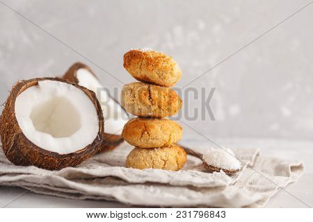 Healthy Vegan Homemade Coconut Cookies, Light Background. Healthy Vegan Food Concept.