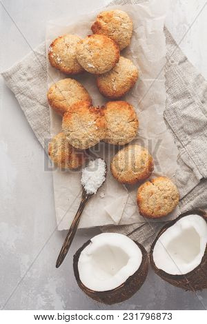 Healthy Vegan Homemade Coconut Cookies, Light Background. Healthy Vegan Food Concept.