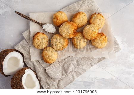 Healthy Vegan Homemade Coconut Cookies, Light Background. Healthy Vegan Food Concept.