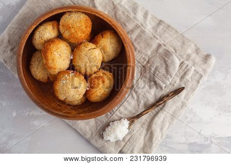 Healthy Vegan Homemade Coconut Cookies, Light Background. Healthy Vegan Food Concept.