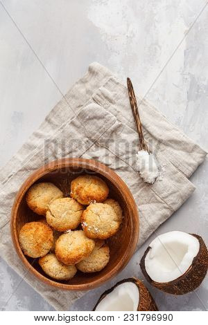 Healthy Vegan Homemade Coconut Cookies, Light Background. Healthy Vegan Food Concept.