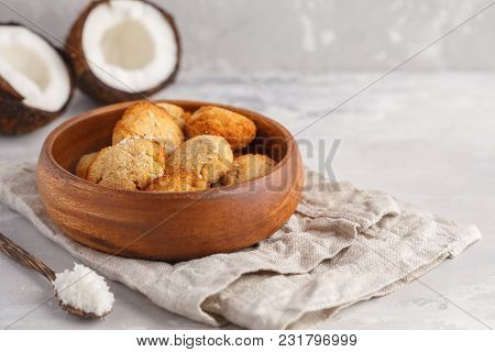 Healthy Vegan Homemade Coconut Cookies, Light Background. Healthy Vegan Food Concept.