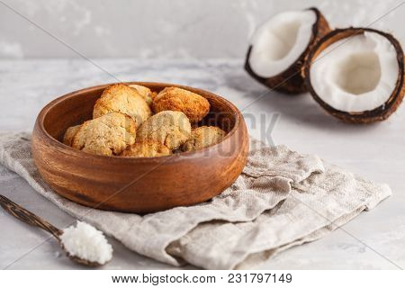 Healthy Vegan Homemade Coconut Cookies, Light Background. Healthy Vegan Food Concept.