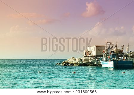 Sorrento Marina Grande Summer Sea And Port View, Picturesque Unusual Colors: Pink Purple Sky, Turquo