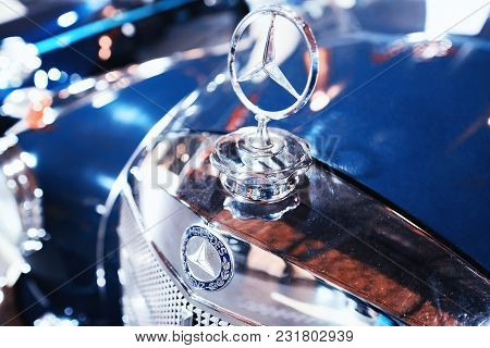 Berlin, Germany - December 11, 2017: Emblem And Radiator Grill Of Blue Retro Mercedes Benz Ponton Ca