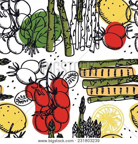 Food Collection Fresh Asparagus With Halloumi, Tomatoes And Lemons Seamless Pattern Set