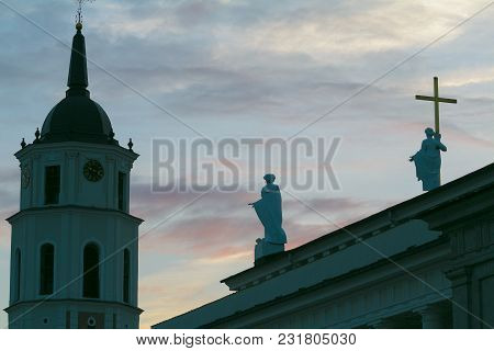 Sculpture Silhouettes Of Saint Helena And Saint Casimir On Cathedral Basilica Of St. Stanislaus And 