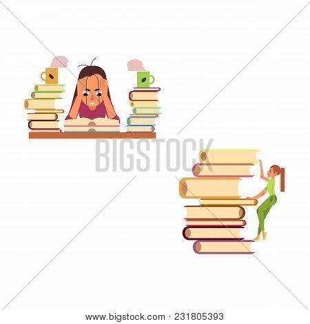 Vector Flat Cute Girl In Green Climping Huge Book Pile, Woman Sitting With Book Exhausted With Coffe