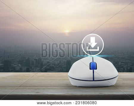 Download Icon With Wireless Computer Mouse On Wooden Table Over Modern City Tower At Sunset, Vintage