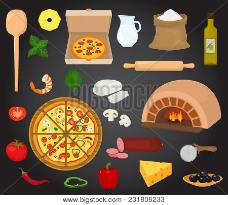 Pizza Vector Italian Food With Cheese And Tomato In Pizzeria Or Pizzahouse Illustration Set Of Baked