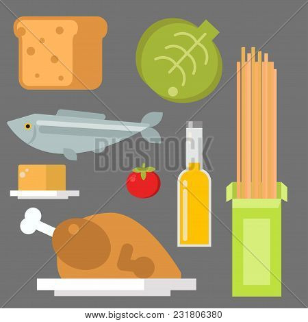 Everyday Food Common Goods Organic Products We Get By Shopping In Supermarket Vector Illustration. P