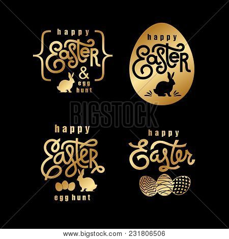 Easter Wishes Set. Hand-drawing Labels Design. Lettering, Silhouette Of Easter Hare And Easter Eggs.