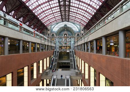 Antwerp, Belgium - March 5, 2017: Interior Of The Famous Antwerp Central Station