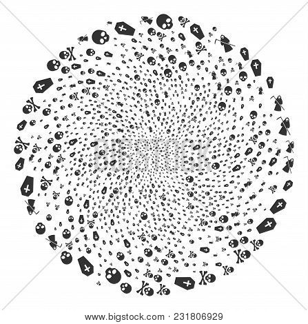 Death Cycle Exploding Globula. Object Whirlpool Done From Randomized Death Items. Vector Illustratio