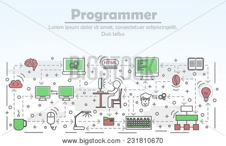 Programmer Advertising Vector Illustration. Modern Thin Line Art Flat Style Design Element With Prog