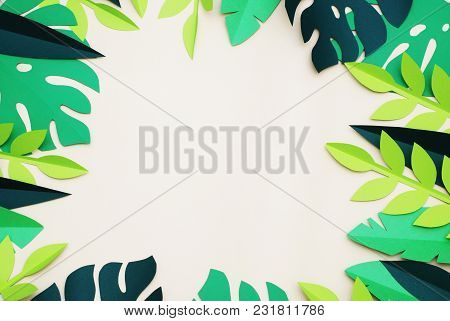 Summer Tropical Paper Cut Leaves, Frame. Exotic Summertime. Space For Text. Beautiful Dark Green Jun