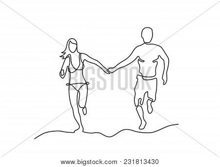 Continuous Line Drawing Of Happy Running Couple. Vector Illustration.