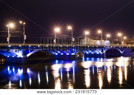Vinnytsia, Ukraine - March 18, 2018 Night View Of Central Bridge Over Pivdenny Bug River
