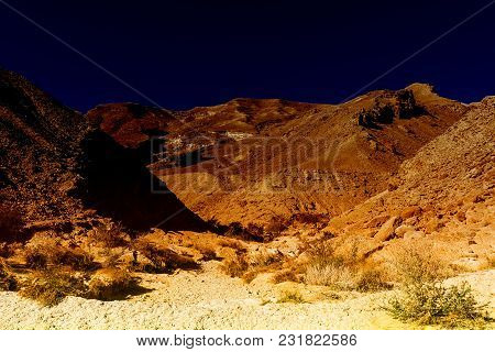 Rocky Hills Of The Negev Desert In Israel Early In The Morning. Breathtaking Landscape At Sunrise, D