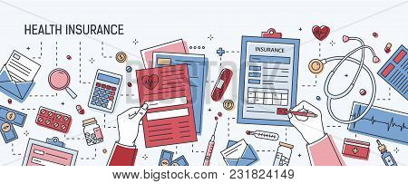 Horizontal Banner With Hands Filling Out Application Form Of Health Insurance Surrounded By Dollars,