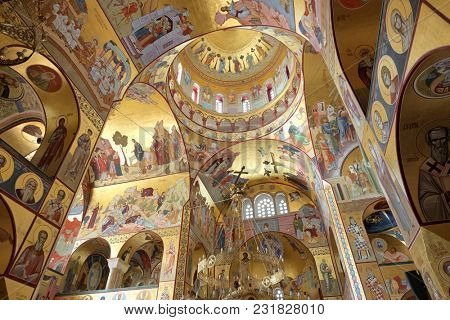 PODGORICA, MONTENEGRO - AUGUST 13, 2017: inside the Cathedral of the Resurrection in Podgorica. Still incomplete at the time of shot in 2017, construction was began in 1993