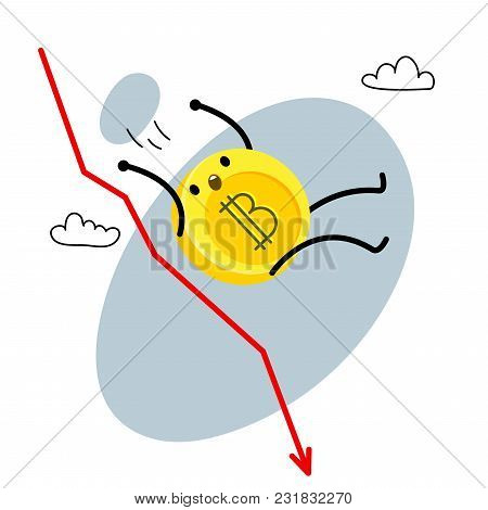 Concept Of Crypto Currency Dumb. Cartoon Bitcoin Character. Bitcoin Falls On The Red Arrow. Vector I
