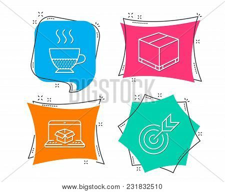 Set Of Online Delivery, Doppio And Delivery Box Icons. Target Sign. Parcel Tracking Website, Coffee 