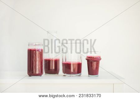 Fresh Morning Beetroot Smoothie Or Juice In Glasses, White Background, Copy Space. Healthy Vegan Or 
