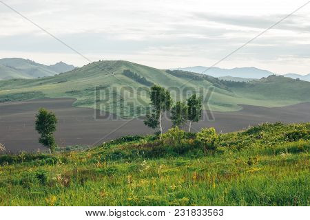 Summer Landscape In Mountains And The Dark Drey Sky With Clouds