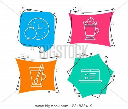 Set Of Latte Coffee, Update Time And Tea Mug Icons. Web Lectures Sign. Hot Drink With Whipped Cream,