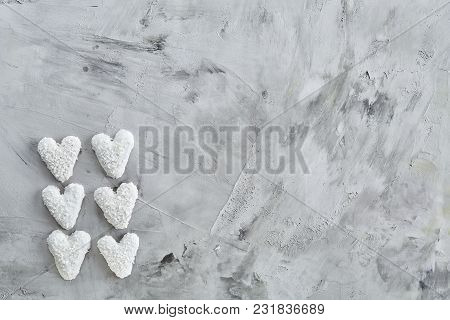 Sweet Crunchy Coconat Heart-shaped Biscuits Arranged In Pattern On Light Textured Background, Top Vi