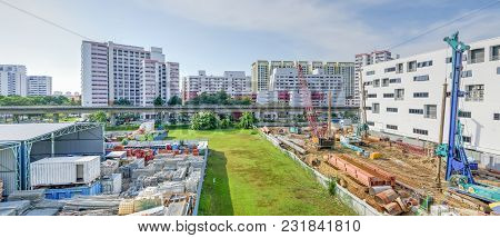 Construction Site With Foundation, Ground Works In Progress At Eunos, Singapore