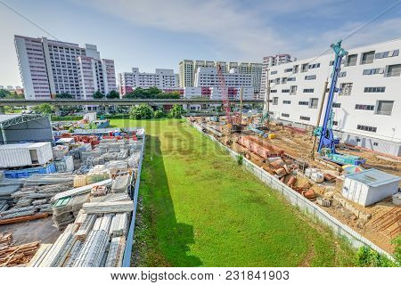 Construction Site With Foundation, Ground Works In Progress At Eunos, Singapore