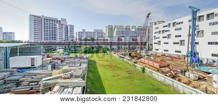 Construction Site With Foundation, Ground Works In Progress At Eunos, Singapore