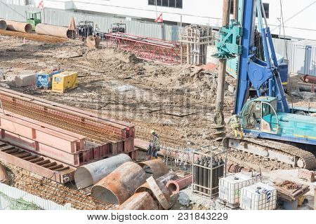 Construction Site With Foundation, Ground Works In Progress At Eunos, Singapore