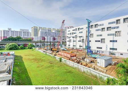 Construction Site With Foundation, Ground Works In Progress At Eunos, Singapore