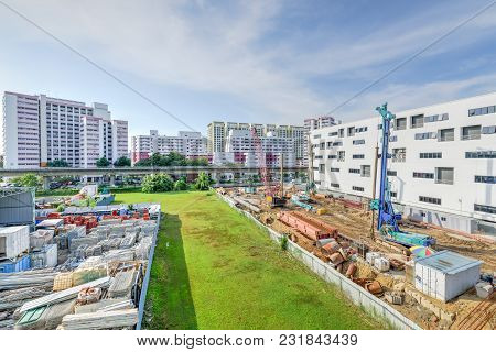 Construction Site With Foundation, Ground Works In Progress At Eunos, Singapore